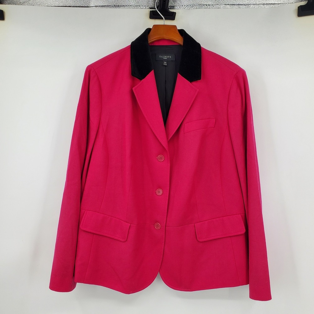 Talbots Woman Pink Wool Blazer Black Velvet Contrast Collar Jacket 18W Preppy